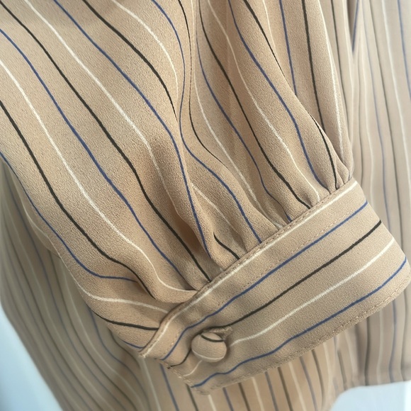 Vintage 80s Josephine button up blouse puffy 3/4 sleeves tie neck bow tan size 6 - Picture 6 of 16